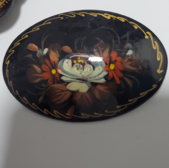 Vintage Jewelry - Vintage Handpainted Floral Brooch Signed Flowers Retro Costume Jewelry